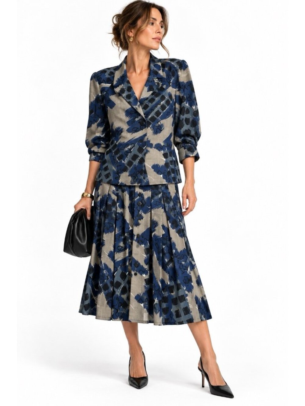 vintage 80s JAEGER 2 piece skit suit blue M L abstract print cotton pleated midi